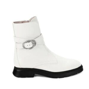 Stuart Weitzman Crystal Buckle Leather Ankle Boots - White (Size 8) - Like New